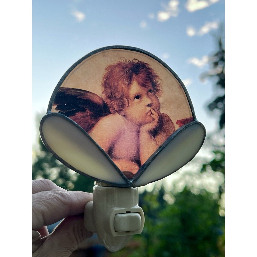 Vintage Cherub Angel Night Light Stained Glass Raphael Victorian Cottagecore